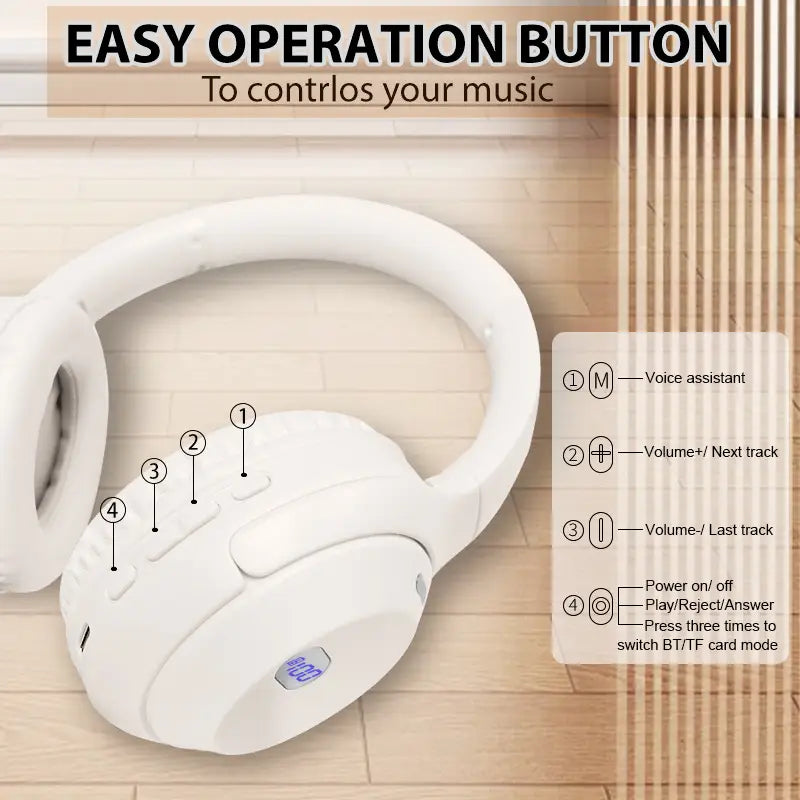 Wireless Bluetooth headset with battery display long battery life and foldable design