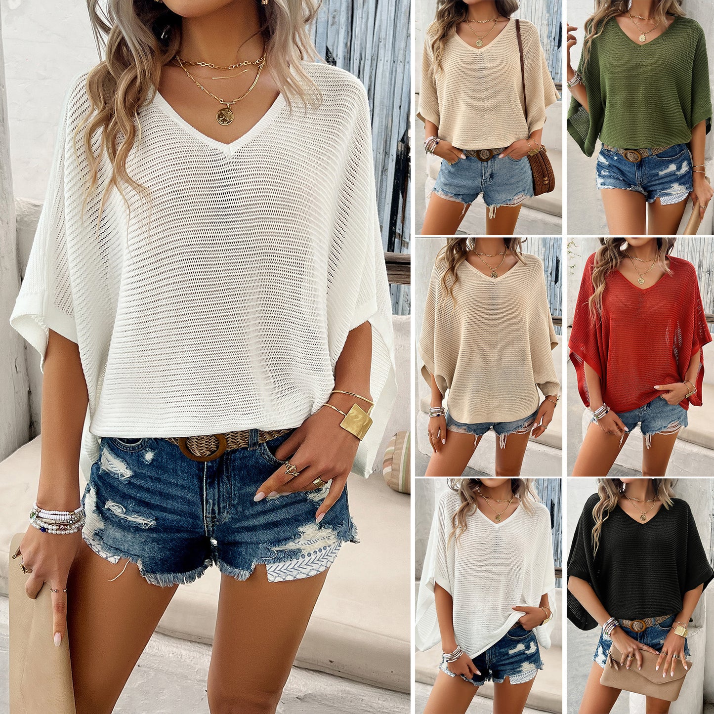 V-neck Bat Sleeve Short-sleeved T-shirt Top Summer Casual Loose Hollow Sweater Fashion Womens Clothing 1d0dd5-b6.myshopify.com