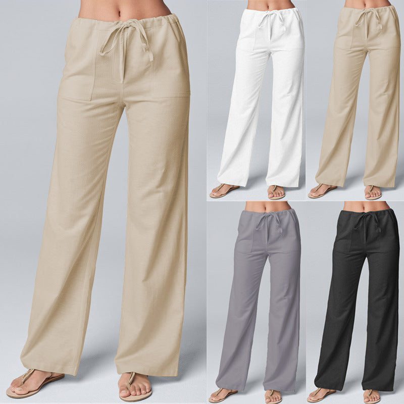 Women's Fashion Solid Color Loose Lace-up Cotton And Linen Straight-leg Pants 1d0dd5-b6.myshopify.com