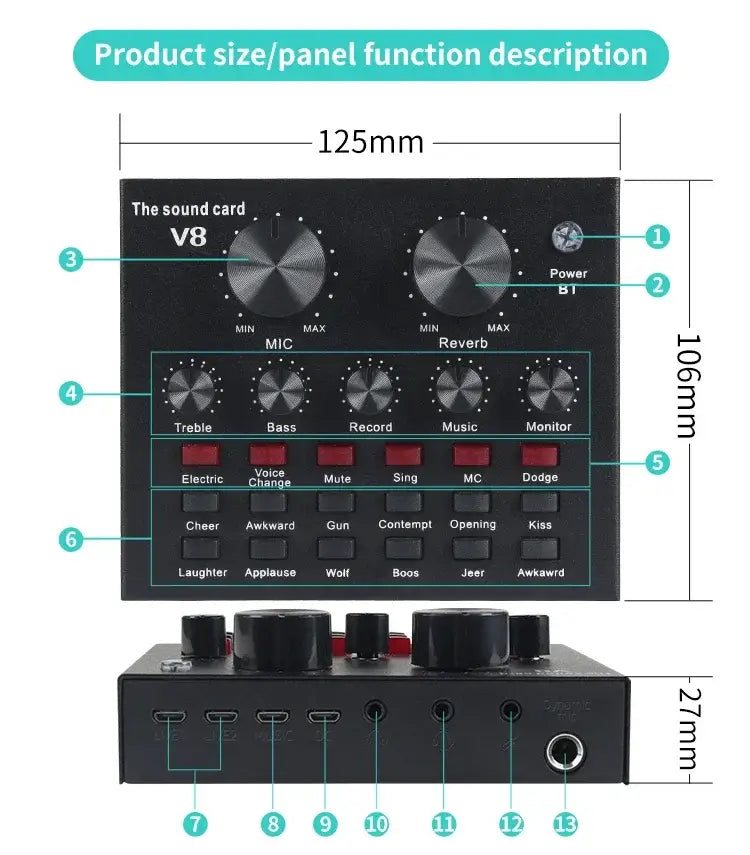 V8 Professional Sound Card Streaming Live Broadcast Podcast Recording Studio Equipment Voice Changer Audio Interface