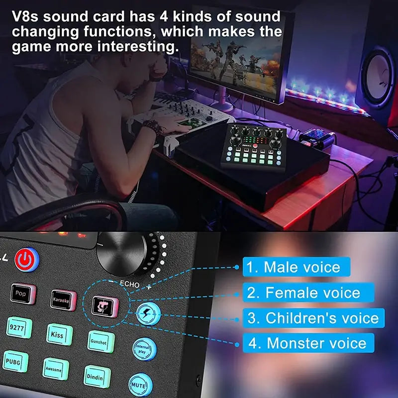 V8S Audio Mixer with Voice changer,Podcast Mixer,Sound Card for Phone Gaming Karaoke Studio Live Streaming Podcast