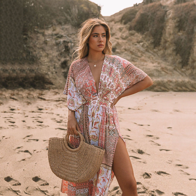 Women's Flowers Printed Dress Bohemian Irregular Beach Clothes 1d0dd5-b6.myshopify.com