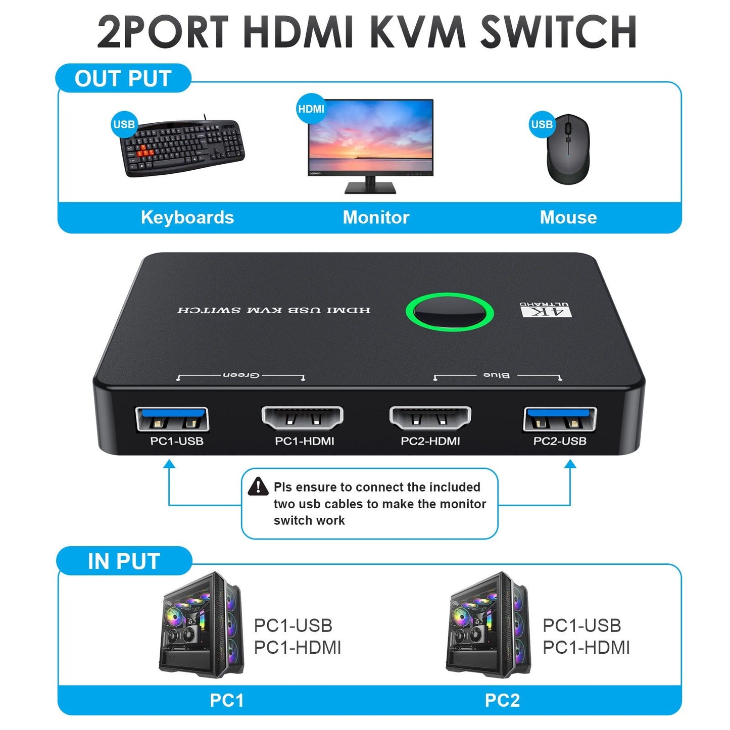 KVM switch HDMI/USB switch for 2 computers to share mouse keyboard printer monitor