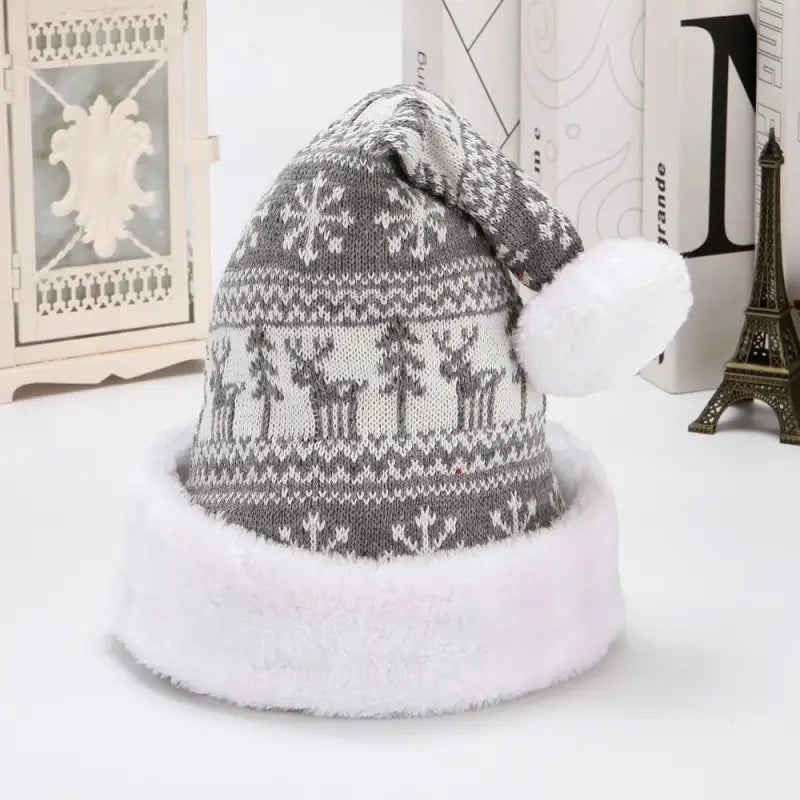 Snowflake Deer Knitted Wool Flannel Christmas Hat - Gray White Deer