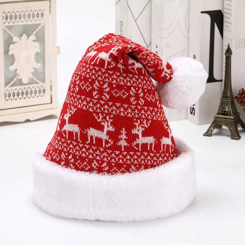 Snowflake Deer Knitted Wool Flannel Christmas Hat - Red And White Deer