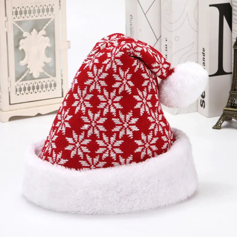 Snowflake Deer Knitted Wool Flannel Christmas Hat - Red And White Snowflake