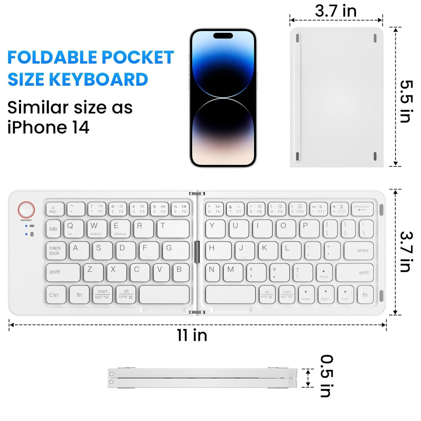 Ultra slim folding portable charging dual-mode Bluetooth keyboard with one click connection - white