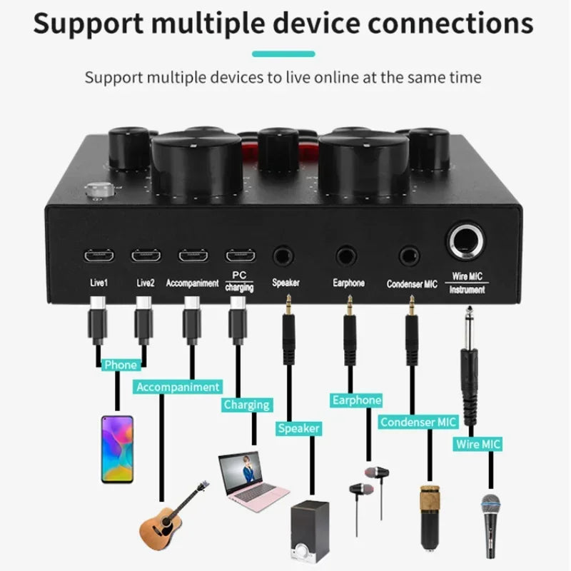 V8 Professional Sound Card Streaming Live Broadcast Podcast Recording Studio Equipment Voice Changer Audio Interface