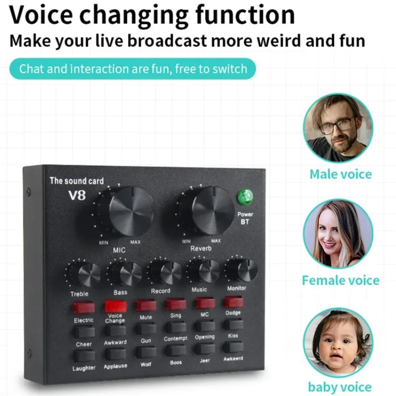 V8 Professional Sound Card Streaming Live Broadcast Podcast Recording Studio Equipment Voice Changer Audio Interface