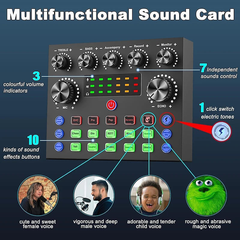 V8S Audio Mixer with Voice changer,Podcast Mixer,Sound Card for Phone Gaming Karaoke Studio Live Streaming Podcast